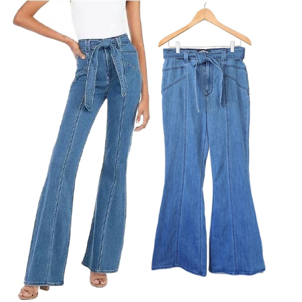 EXPRESS Bell Flare Super High Rise Jeans Size 8 Medium Blue Belted Stretch - Picture 9 of 9